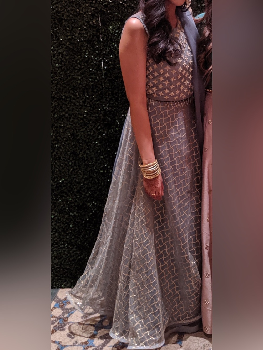 Embellished Modest Grey-Blue Lehenga with Gold Accents